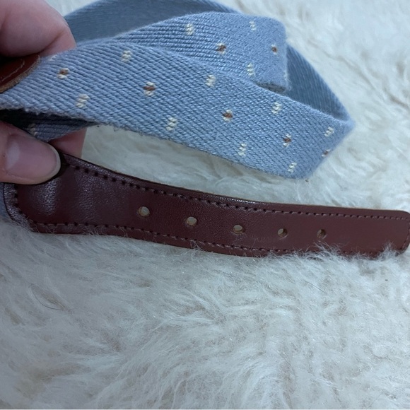 Vintage Woven Knit Preppy Blue Dot Print Genuine Brown Leather Belt - Picture 2 of 5